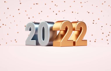 Altın ve gümüş metalik rakamlar ve konfetiyle 2022 yılının afişi kutlu olsun. Gerçekçi 3B canlandırmada poster ya da kart tasarımı kavramı için tatil illüstrasyonu