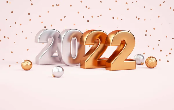 Happy 2022 new year banner background with golden and silver metallic numbers, christmas balls and confetti. Holiday illustration for poster or card design concept in realistic 3D rendering