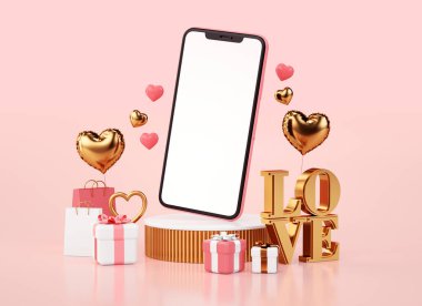 Sevgililer Günü telefon ekranının 3 boyutlu arkaplan görüntüsü. Sevgililer Günü konsepti sunumu için boş akıllı telefon şablonu. Pembe ve altın kalpler ve hediyeler