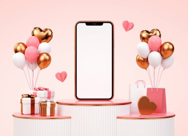 Sevgililer Günü cep telefonu motifi, afiş arkaplanı için 3D görüntüleme. Sevgililer Günü konsepti sunumu için boş ekran şablonu. Pembe ve altın renkli hediyeler ve kalpler