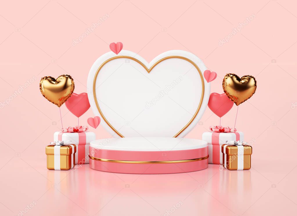 Valentines day pedestal platform for banner or card background in 3D rendering. Podium for flyer template or product presentation with valentine concept. Gifts and balloons in pink and gold colors