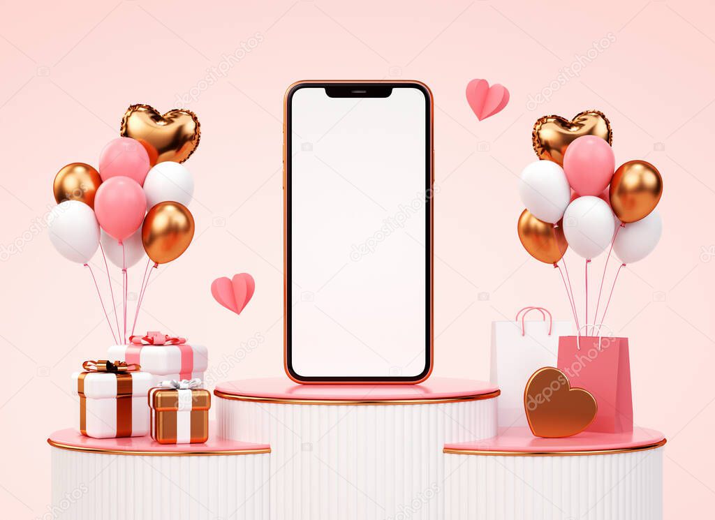 Valentines day mobile phone mockup for banner background in 3D rendering. Blank screen template for presentation with valentine concept. Gifts and hearts in pink and gold colors