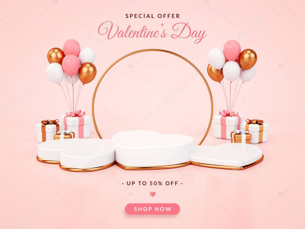 Valentines day special offer banner with three heart shaped podium platform in 3D rendering. Pink and gold pedestal for product display and discount flyer background with valentine concept