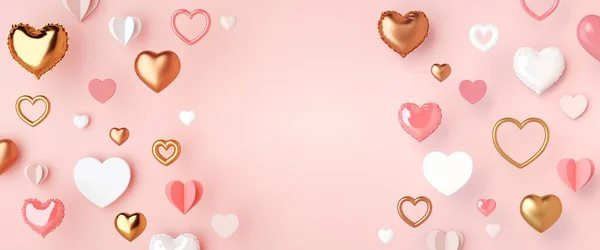 Valentines Day card background with different types of hearts on a pink surface and copy space in 3D rendering. Cute design for banner template with valentine celebration and love concept
