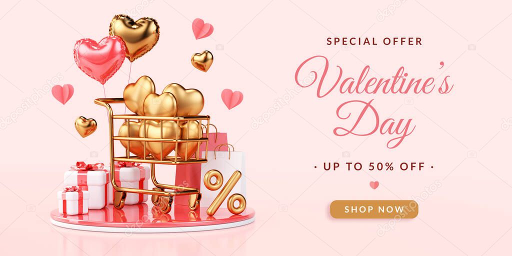 Valentines Day commercial banner background with pink and gold hearts, gifts and text in 3D rendering. Cute design for flyer template with valentine celebration concept
