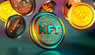 NFT karşılanamaz altın sikkeler düşüyor. Engelleme teknolojisinde moda kripto para birimleri ve madeni paralar. Şifreleme parasının 3 boyutlu görüntüsünü kapat