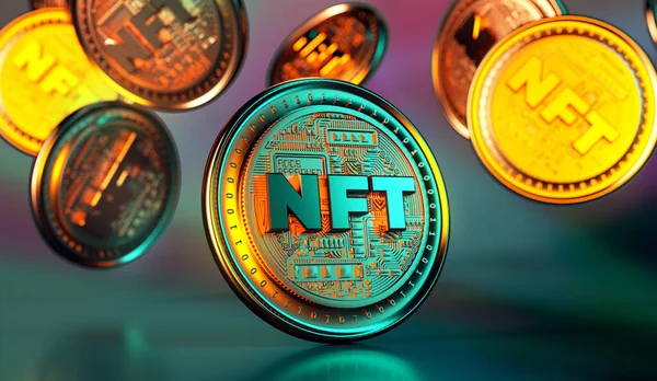 NFT karşılanamaz altın sikkeler düşüyor. Engelleme teknolojisinde moda kripto para birimleri ve madeni paralar. Şifreleme parasının 3 boyutlu görüntüsünü kapat