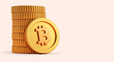 Bitcoin yığını BTC basit altın sikkeler üzerinde fotokopi alanı ile tarafsız arka plan uçucu için gerçekçi 3D görüntüleme. Kripto para birimi, 2p2 takas ve engelleme teknolojisi kavramı