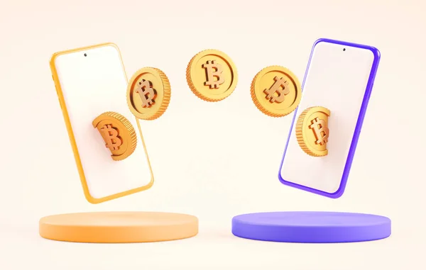 Bitcoin Transfer Mobile Phones P2P Sending Receiving Btc Coins Smartphone — Stock Photo, Image