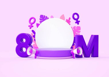 8 Mart Kadınlar Günü podyum platformu, arka plan için megafonlar ve çiçek süslemeleri. Kadın hakları için uluslararası feminizm, bağımsızlık, kardeşlik, güçlendirme ve aktivizm