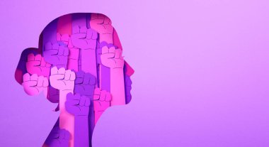 Kadınlar Günü posteri içinde kadın silueti ve yumrukları kağıt kesiği ve fotokopi alanı içinde, üç boyutlu illüstrasyon. Feminizm, bağımsızlık, özgürlük, güçlendirme, kadın hakları için aktivizm afişi