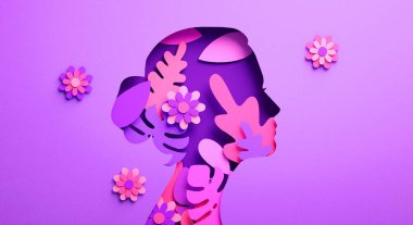 Uluslararası Kadınlar Günü posteri, üzerinde kadın silueti ve kağıtta süslenmiş üç boyutlu illüstrasyon. Feminizm, bağımsızlık, güçlendirme ve Kadın Eşitliği konsepti için kadın yüzü broşürü