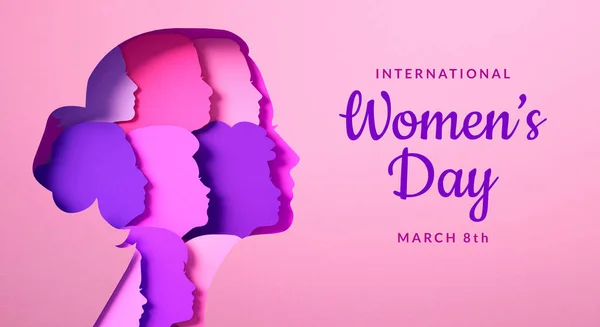 Women Day Poster Silhouettes Multicultural Women Faces Paper Cut Copy — Stock Photo, Image