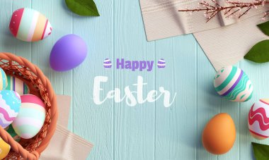 Boyanmış yumurtalar, pastel renkler ve mavi arka planda bir sepet ve harf içeren mutlu paskalya kartı şablonları. Modern düz yatak stili. Yatay poster, afiş veya web sitesi başlığı. 3 Boyutlu Hazırlama