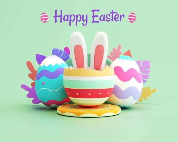 Frohe Ostern Kartendesign Vorlage Mit Bemalten Eiern Und Hasenohren Pastellfarben — Stockfoto