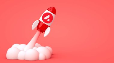 Valencia, İspanya - Mayıs 2022: aya çığ düşmesi, AVAX kripto para birimi. Çığ simgesi kripto para birimi logosu bir roketin içinde. Fotokopi alanı arkaplanı 3 boyutlu. Blockchain defi