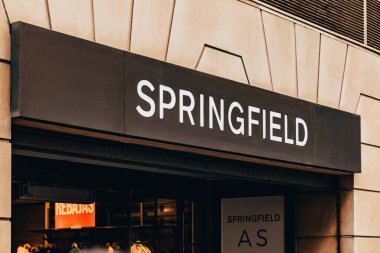 Valencia, Spain - April 2022: Facade with the Springfield shop logo in Valencia. Springfield clothing store in Valencia. Springfield is is a Spanish chain of fashion stores