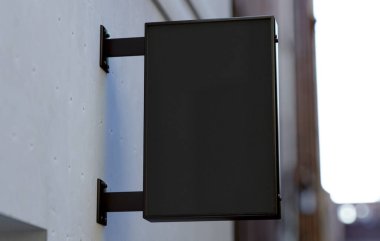 Mağaza cephesinde dikey duvar işareti modeli asılıydı. Açık hava iş simgesi şablonu 3B görüntüleyici