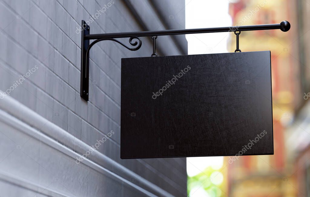 Classic wall sign mockup hung on a store facade. Blank outdoor business signage template for branding in realistic 3D rendering