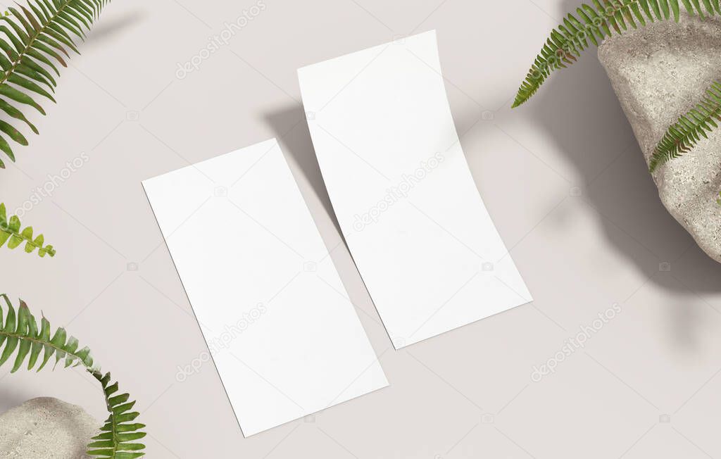 Two DL flyer mockup blank organic paper for design presentation. White empty brochure template with plants on a neutral background in 3D illustration