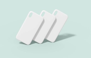 Cep telefonu modeli, beyaz kapak şablonu nötr renk arka planında izole edilmiş. Marka tasarım sunumu için boş akıllı telefon plastik koruyucu