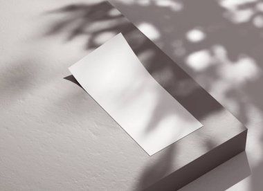 Tasarım sunumu için yaprak gölgeli tek el ilanı boş kağıt. 3 boyutlu resimde somut bir arkaplan üzerine beyaz boş broşür şürü