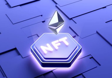 NFT Non Funable Token ve Ethereum engelleme teknolojisi arkaplanı 3D görüntüleme. Moda kripto para birimleri, metaevren ve kripto sanat konsepti