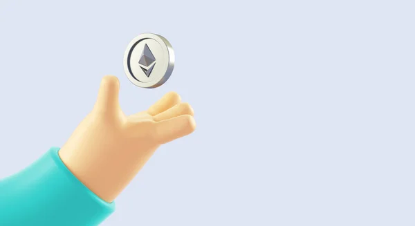 Isolated Cartoon Hand Ethereum Coin Copy Space Banner Background Template — Foto Stock