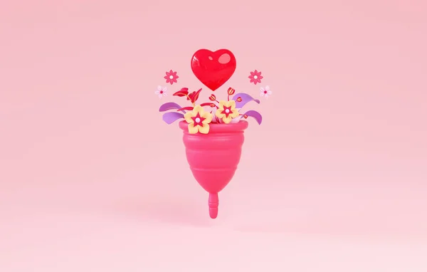 Menstrual Cup Flowers Blood Heart Isolated Pink Background Zero Waste — Zdjęcie stockowe