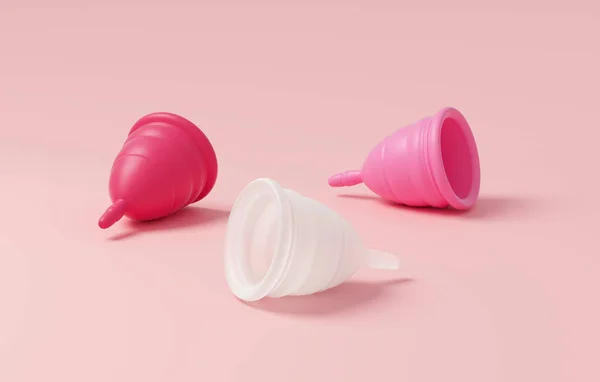 Three Menstrual Cups Isolated Pink Background Banner Design Zero Waste — Stockfoto