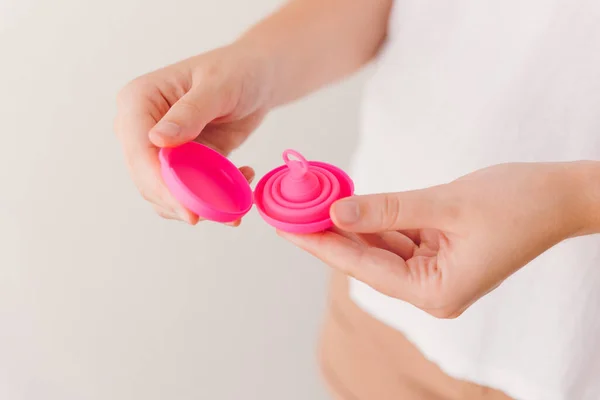 Woman Hands Holding Menstrual Cup Its Carrying Case Zero Waste — Stockfoto