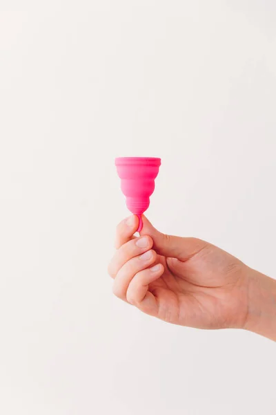 Vertical Shot Woman Hand Holding Menstrual Cup Isolated Neutral Background — Fotografia de Stock