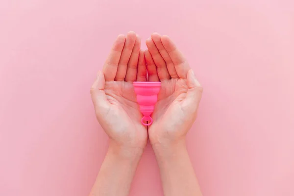 Menstrual Cup Woman Hands Pink Background Flat Lay View Zero — Stockfoto