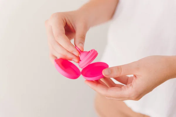 Close View Woman Hands Removing Menstrual Cup Its Carrying Case — Stock Fotó
