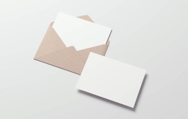 Tarafsız bir arkaplanda zarf olan boş bir kartpostal maketi. 3B biçimlendirmede tasarım için beyaz boş kart