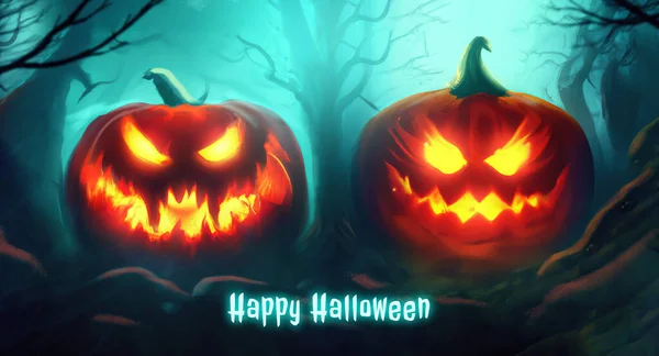 Twee Angstaanjagende Halloween Pompoenen Illustratie Een Donkere Bos Scène Happy — Stockfoto