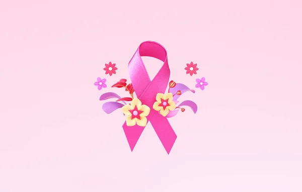 Nastro Rosa Con Fiori Spazio Copia Mese Consapevolezza Del Cancro — Foto Stock