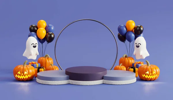 Plate Forme Trois Podium Halloween Avec Citrouilles Ballons Fantômes Sur — Photo