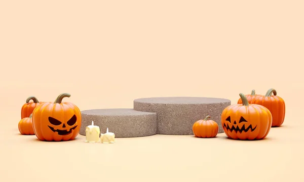 Halloween Dwie Platformy Cokół Dyniami Świece Pomarańczowym Tle Prezentacji Rzeczy — Zdjęcie stockowe