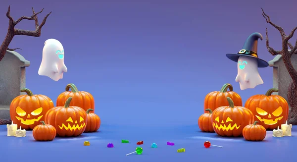 Glad Halloween Flyer Bakgrund Scen Med Pumpor Godis Och Fest — Stockfoto