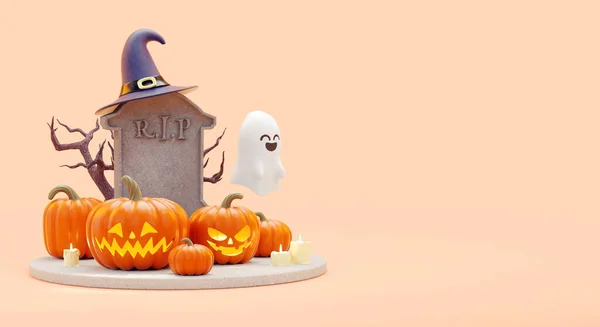 Halloween Gratulationskort Bakgrund Med Pumpor Spöke Grav Och Kopiera Utrymme — Stockfoto