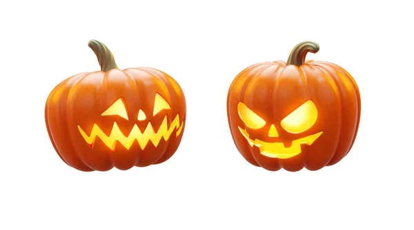 Dva Osvětlené Dýně Izolované Objekty Bílém Pozadí Pro Halloween Party — Stock fotografie