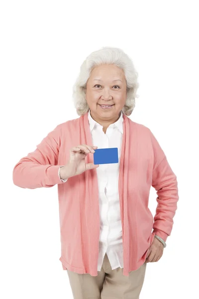 Kobieta trzyma Nazwa karty — Zdjęcie stockowe