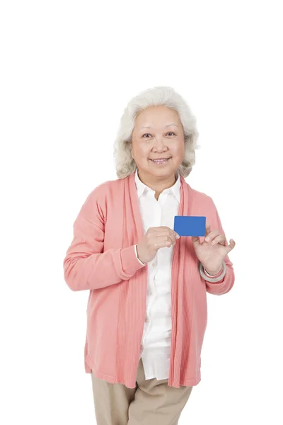 Žena držící název karty — Stock fotografie