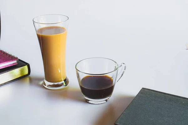 Coffee Latte Tall Glass Black Coffee Rustic Style Refreshment — Stock Photo, Image