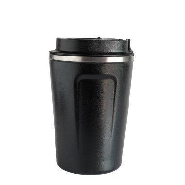 Beyaz zemin kapaklı siyah metal bardak.