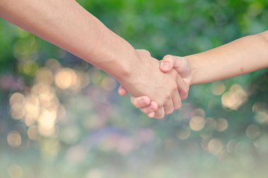 Bulanık doğa geçmişi olan iki insan el sıkışıyor..