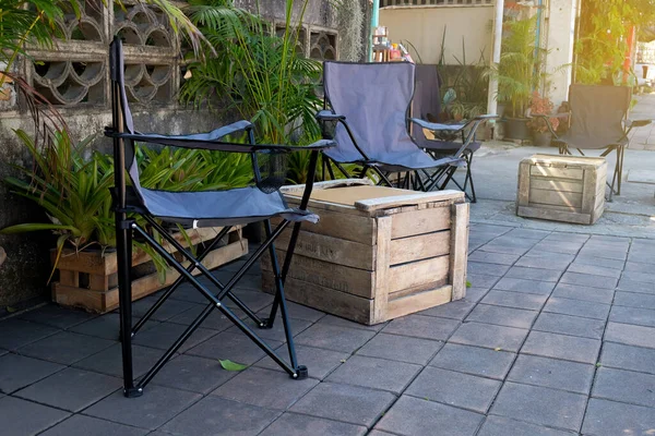 Camping Chairs Old Wood Box Footpath — Stock Photo, Image