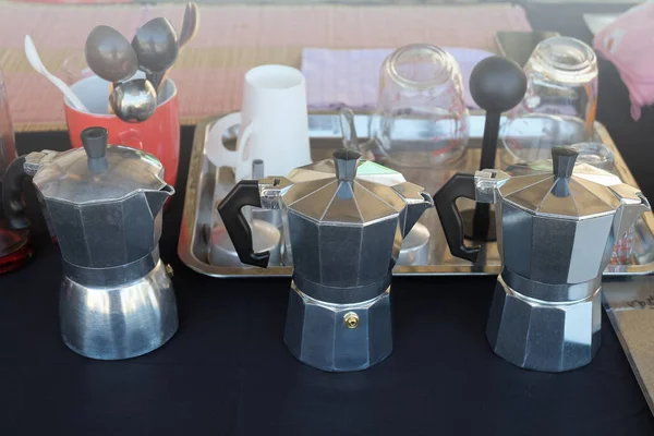 Moka Kaffeekanne Traditioneller Italienischer Espresso Auf Dem Tisch Der Slow — Stockfoto