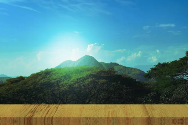 Wood Table Blurry Nature Landscape Tree Hill Blue Sky Background — Photo